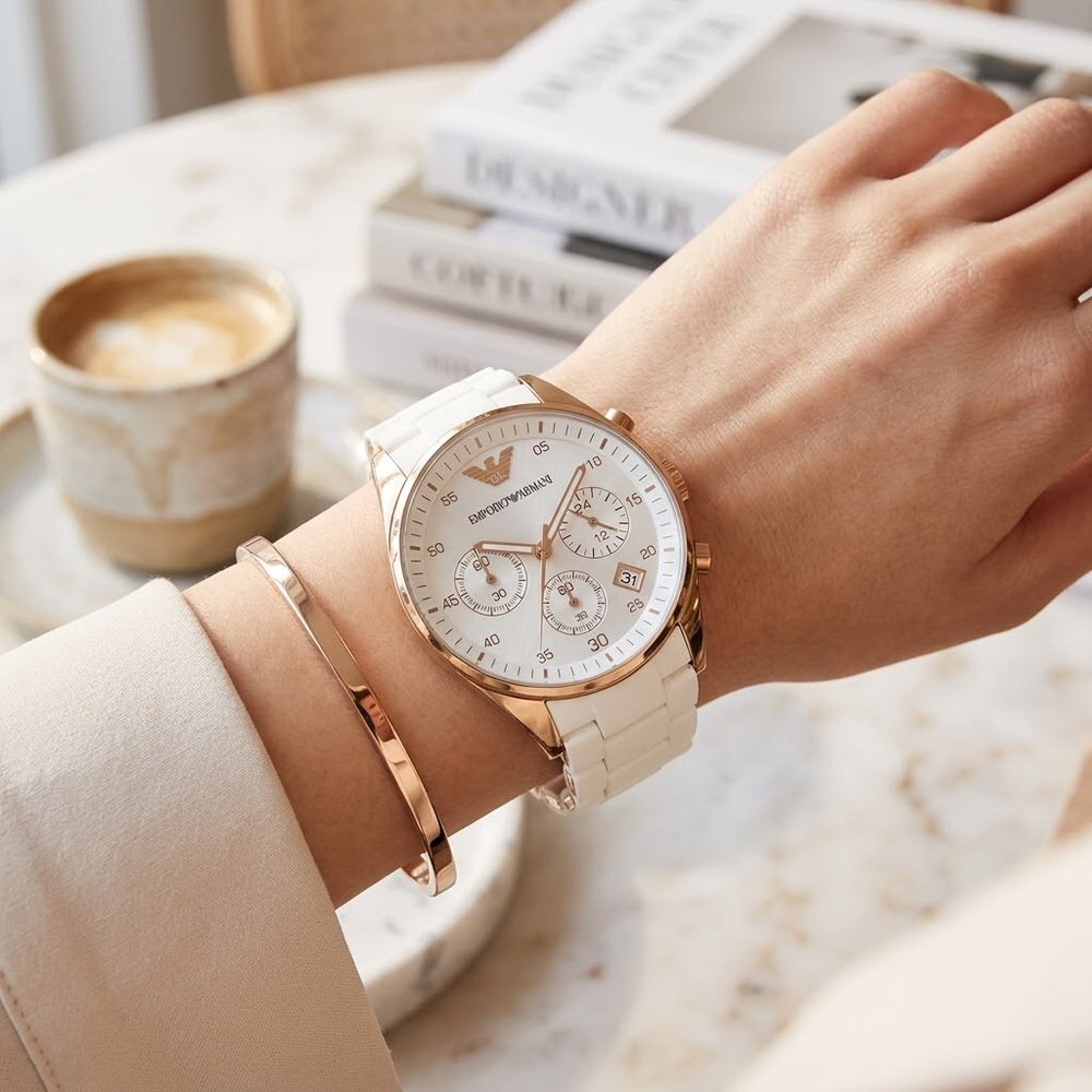 NIB Emporio Armani White Silicone Rose Gold Chronograph Watch AR-5920 Full Set